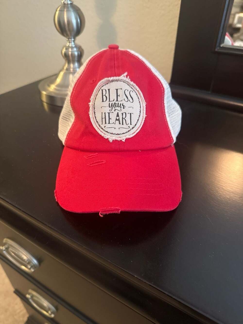 Paula Deen Store Bless Your Heart Distressed Trucker Hat Red One Size
